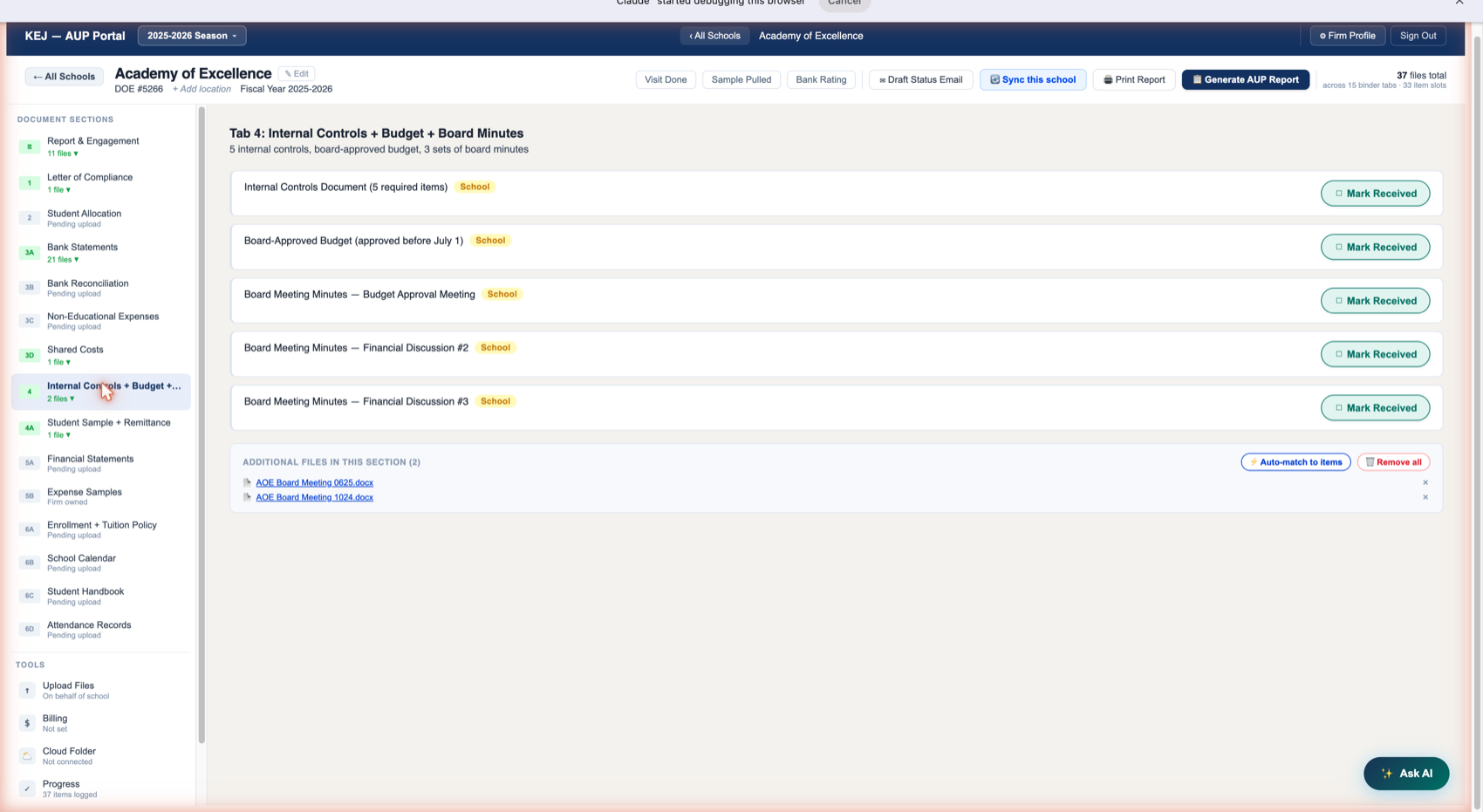 Tab 4 — Internal Controls + Budget + Board Minutes