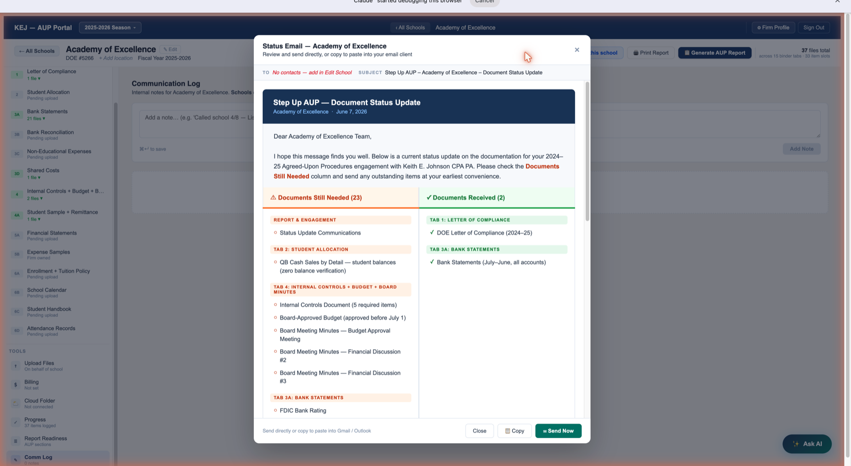 Draft Status Email modal